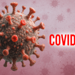 Illustration of a COVID-19 virus particle with text COVID-19, symbolizing new variants emerging in 2025