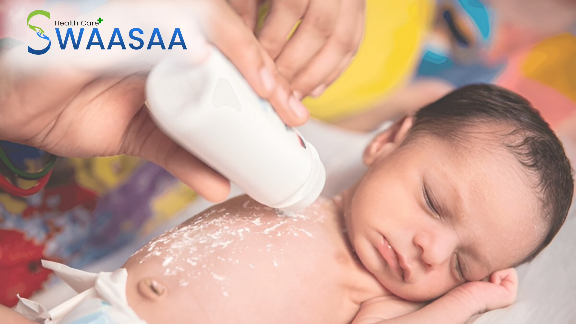 Newborn baby care at home ,baby lying peacefully while powder is gently applied to the skin