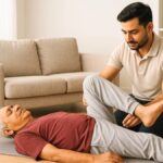Indian physiotherapist providing personalized physiotherapy at home services to a senior patient lying on a mat.