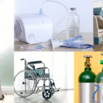 Various home healthcare equipment including wheelchair, walker, hospital bed, oxygen cylinders, and nebulizer machine.