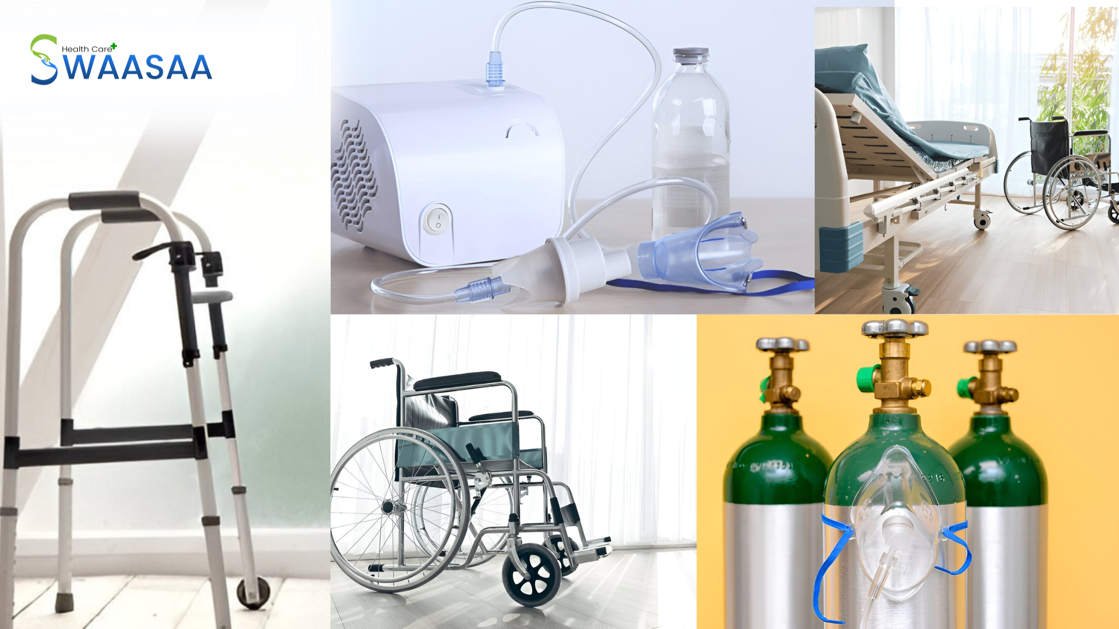 Various home healthcare equipment including wheelchair, walker, hospital bed, oxygen cylinders, and nebulizer machine.