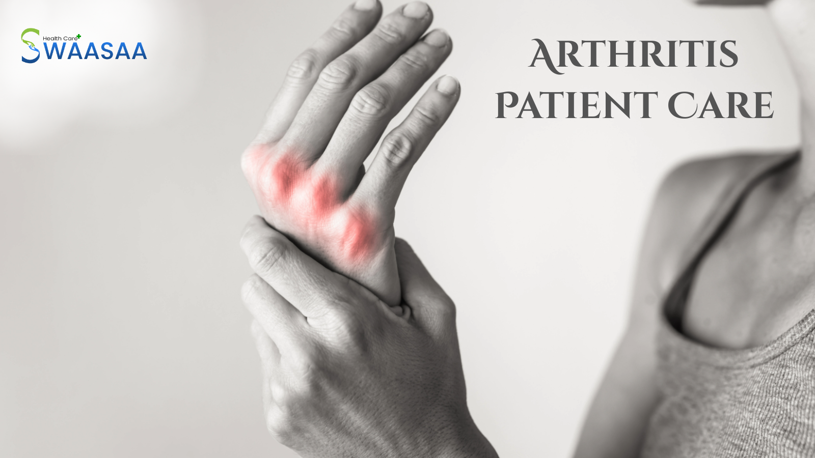 Person holding painful arthritic hand with joint inflammation, promoting arthritis patient care.