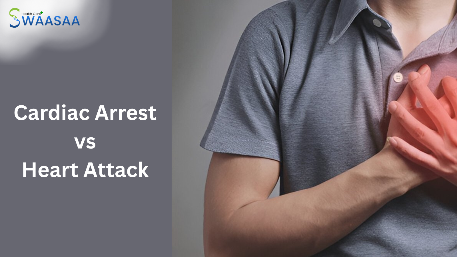 Person holding their chest because of pain, which could be a sign of a heart problem - highlighting the need to understand the difference between cardiac arrest vs heart attack.
