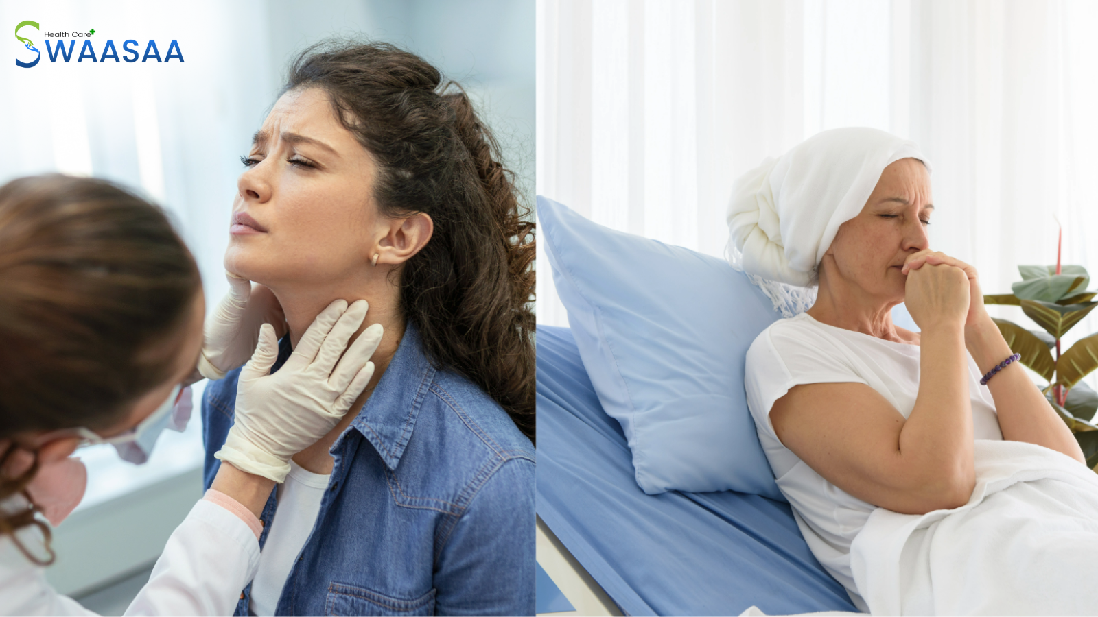 Lymphoma vs. Leukemia .A doctor checks a young woman’s neck for swelling, while an older woman with a headscarf sits on a hospital bed looking worried.