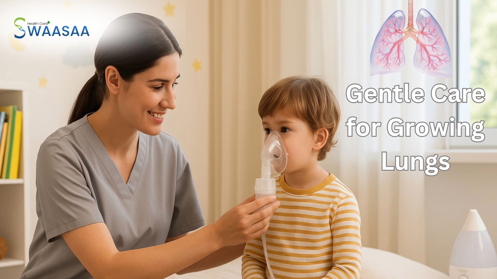 A caregiver assisting a child with a nebulizer at home, providing pediatric respiratory care in a safe and loving environment.