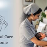 Nurse providing postnatal care to a new mother holding her baby at home