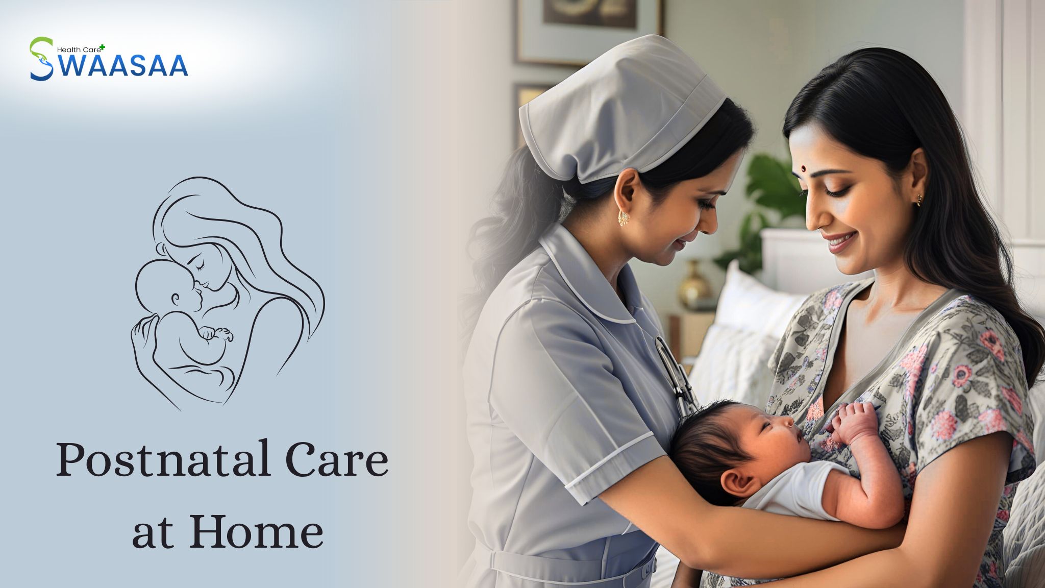 Nurse providing postnatal care to a new mother holding her baby at home