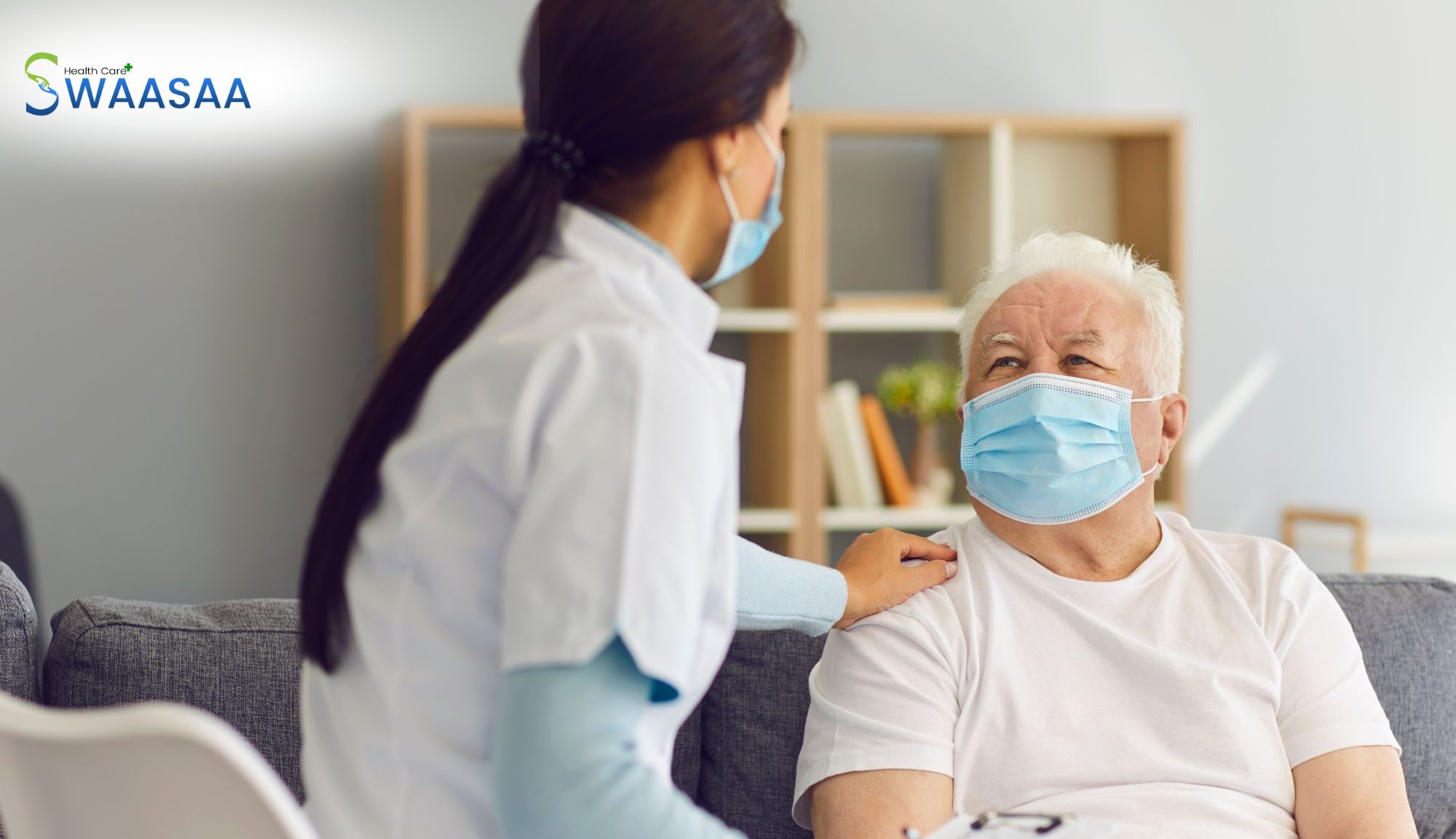 Caregiver supporting an elderly patient at home with hygiene assistance, symbolizing protection for those with weak immune systems.
