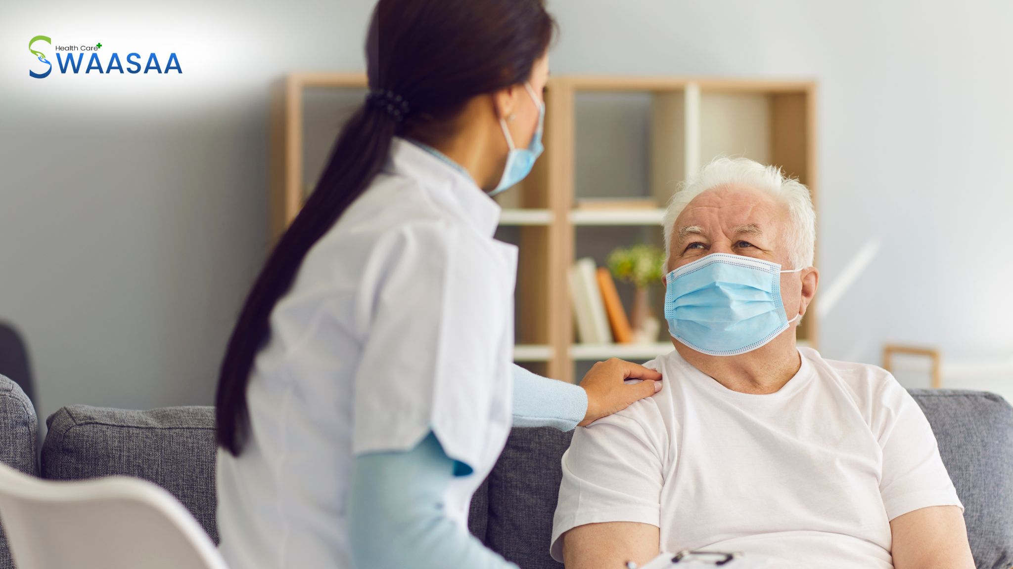 Caregiver supporting an elderly patient at home with hygiene assistance, symbolizing protection for those with weak immune systems.