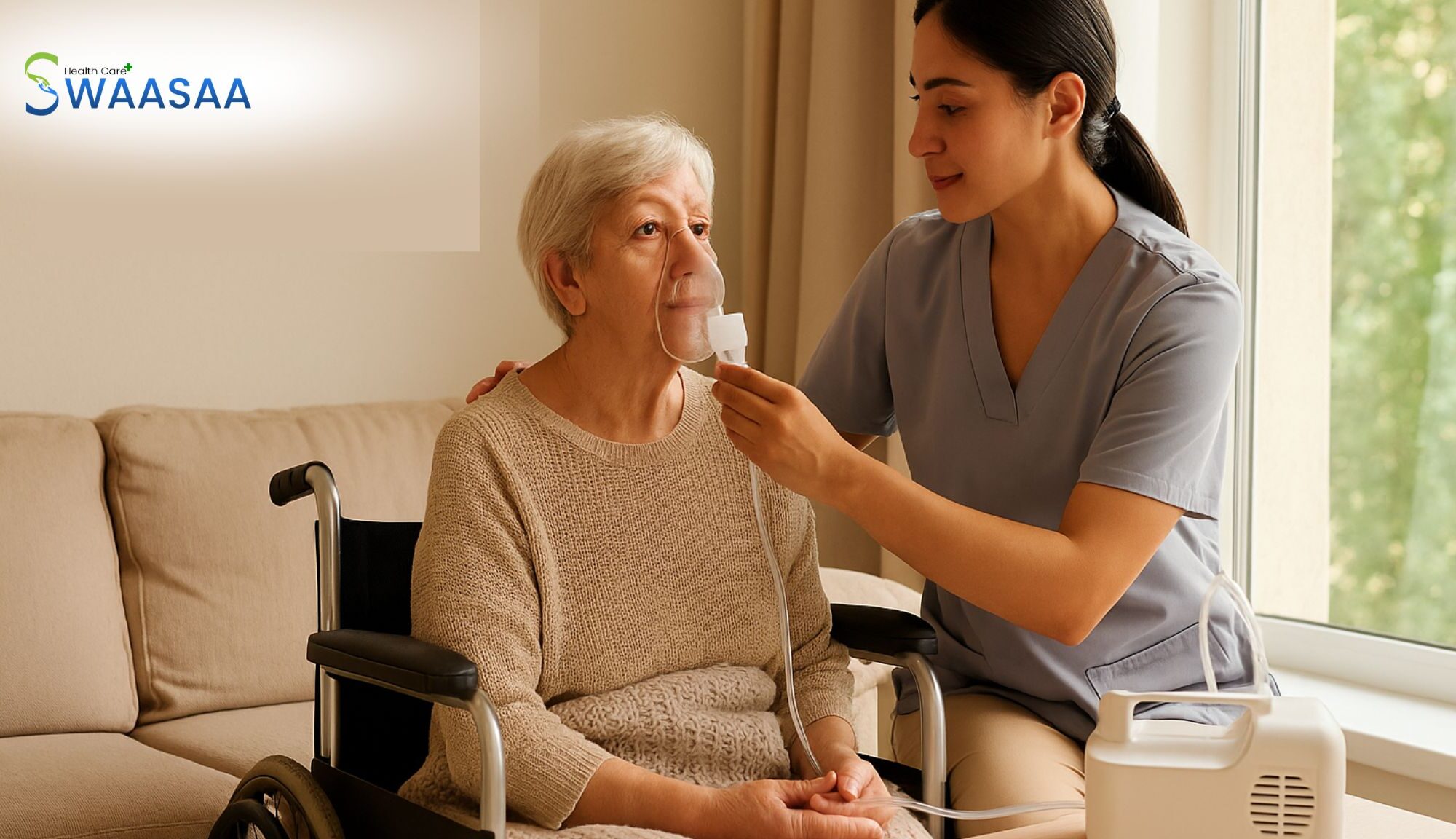 Caregiver assisting a patient with respiratory therapy at home, showing safety and comfort during seasonal changes.