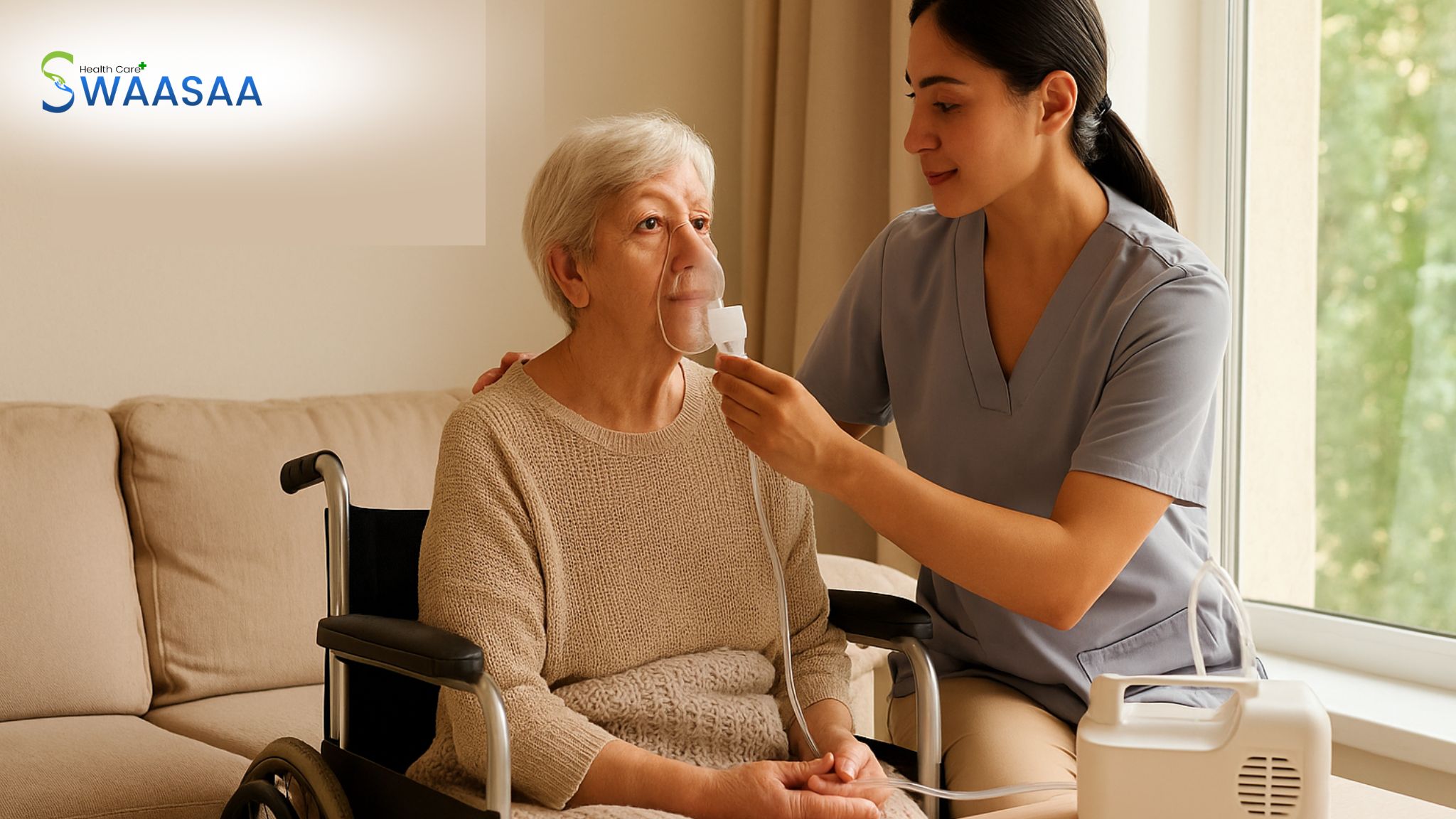 Caregiver assisting a patient with respiratory therapy at home, showing safety and comfort during seasonal changes.