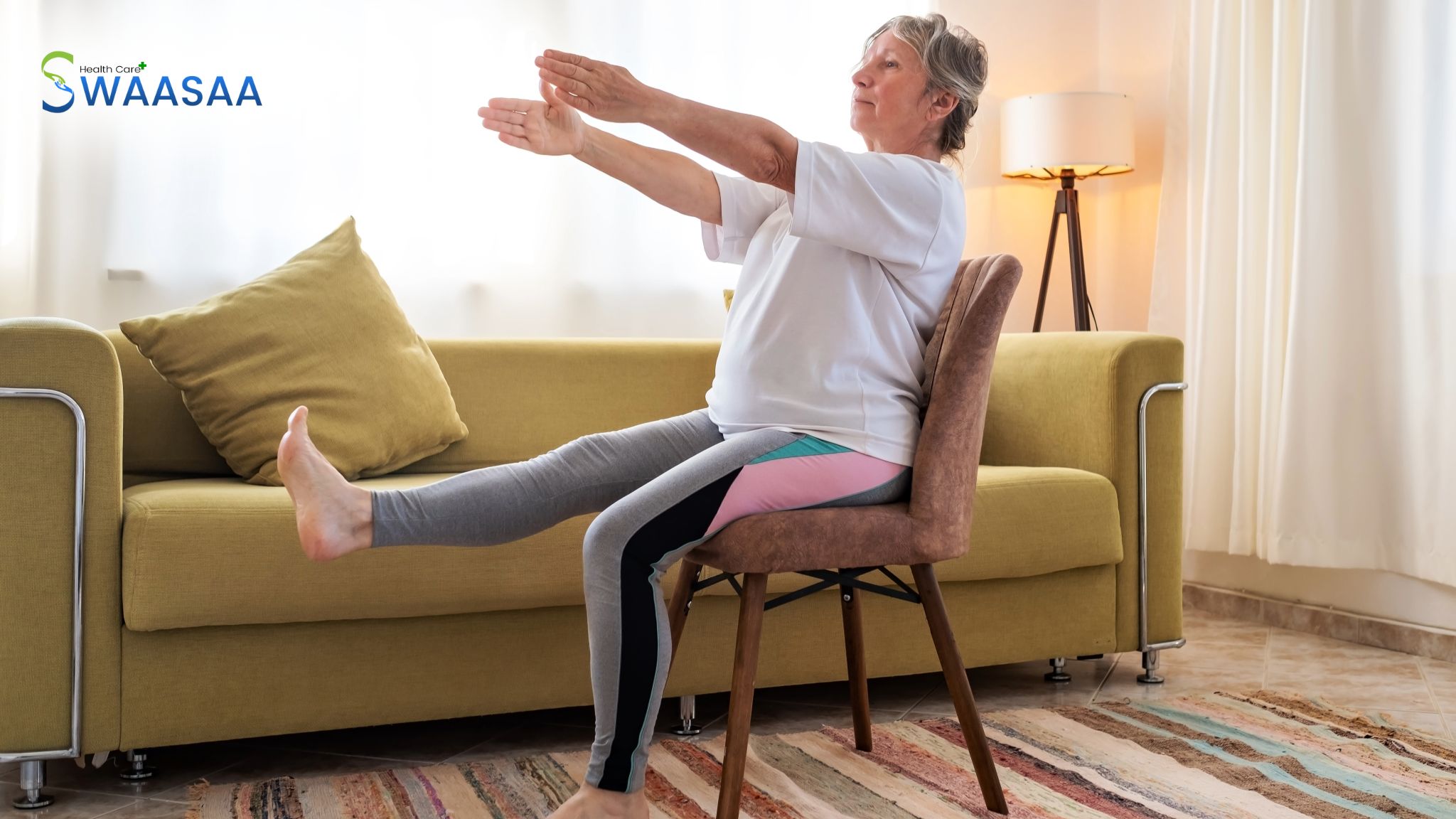 An elder woman practicing chair yoga at home