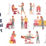 Illustration showing various home nursing services including elderly care, physiotherapy, IV support, and assisted mobility.