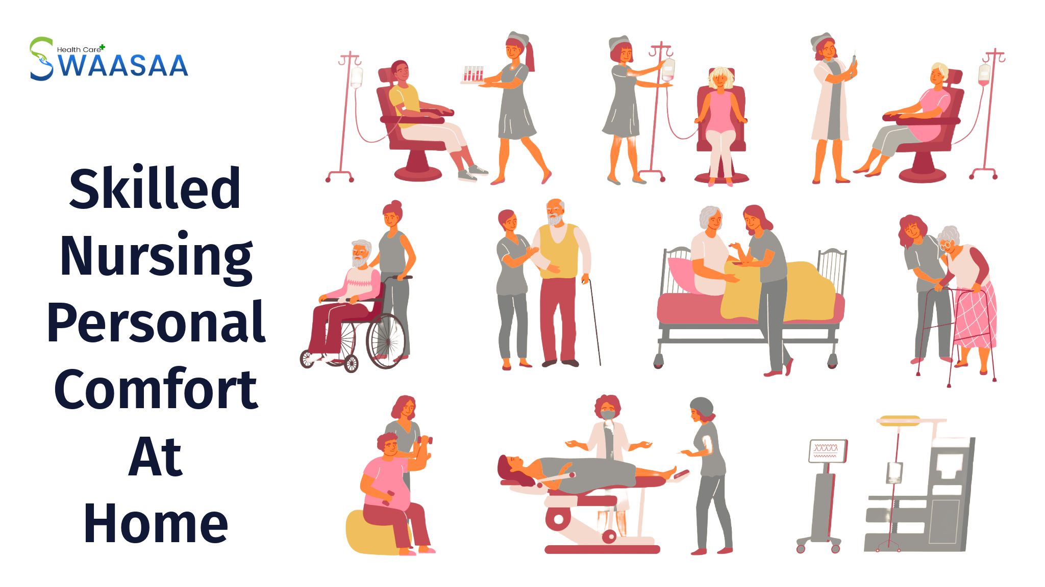 Illustration showing various home nursing services including elderly care, physiotherapy, IV support, and assisted mobility.