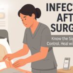 Nurse examining a patient’s surgical wound in a hospital room, highlighting post-surgery infection care.