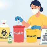Caregiver disposing of medical waste at home using labeled containers for sharps, medicines, and biohazards with an elderly patient nearby.