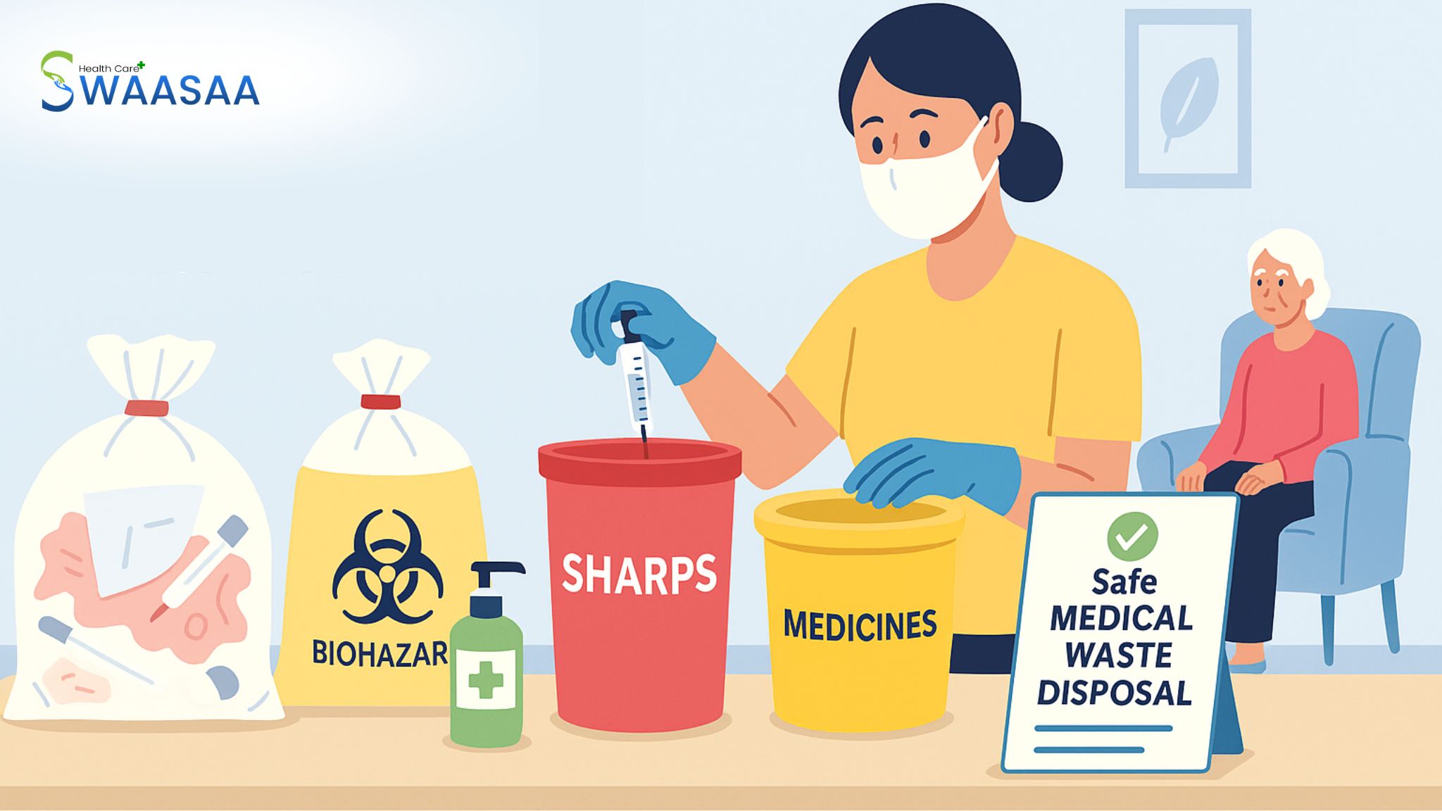 Caregiver disposing of medical waste at home using labeled containers for sharps, medicines, and biohazards with an elderly patient nearby.
