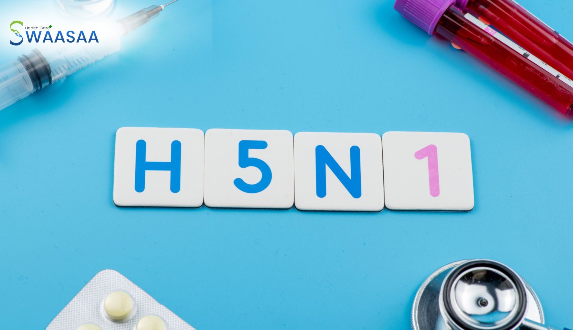 Injection, H5N1 tiles, stethoscope, and medicines symbolizing swine flu awareness and prevention