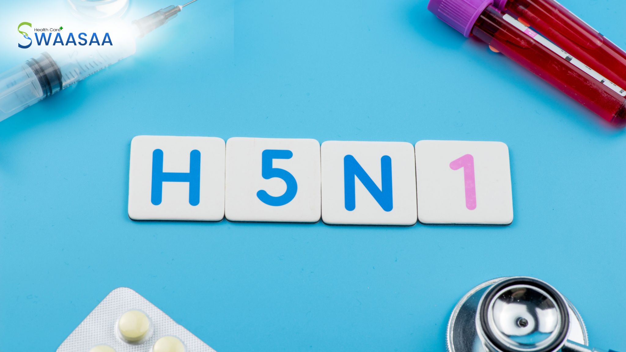Injection, H5N1 tiles, stethoscope, and medicines symbolizing swine flu awareness and prevention