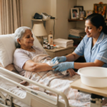 Caregiver safely bathing an elderly bedridden patient at home