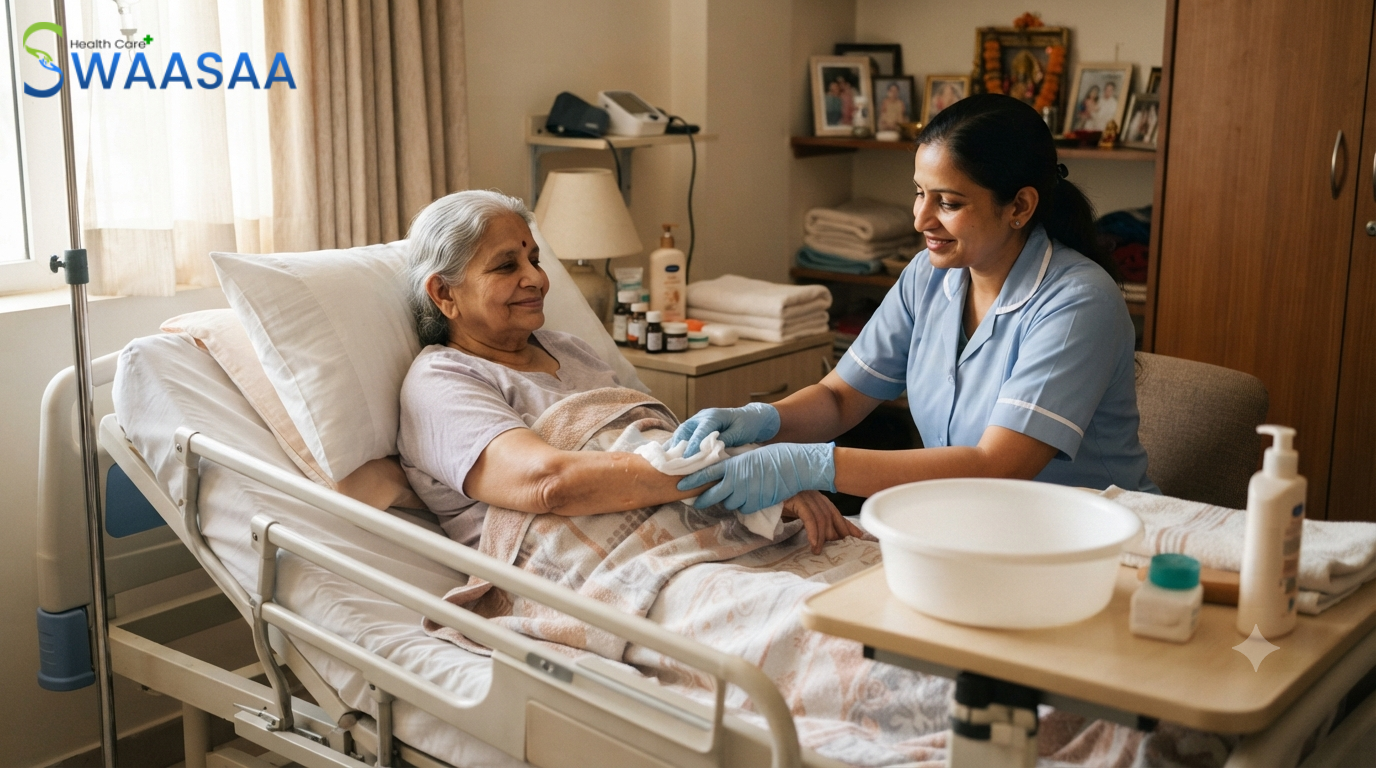 Caregiver safely bathing an elderly bedridden patient at home