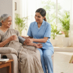 A compassionate caregiver assisting an elderly patient with blood pressure monitoring in a comfortable, modern home setting.