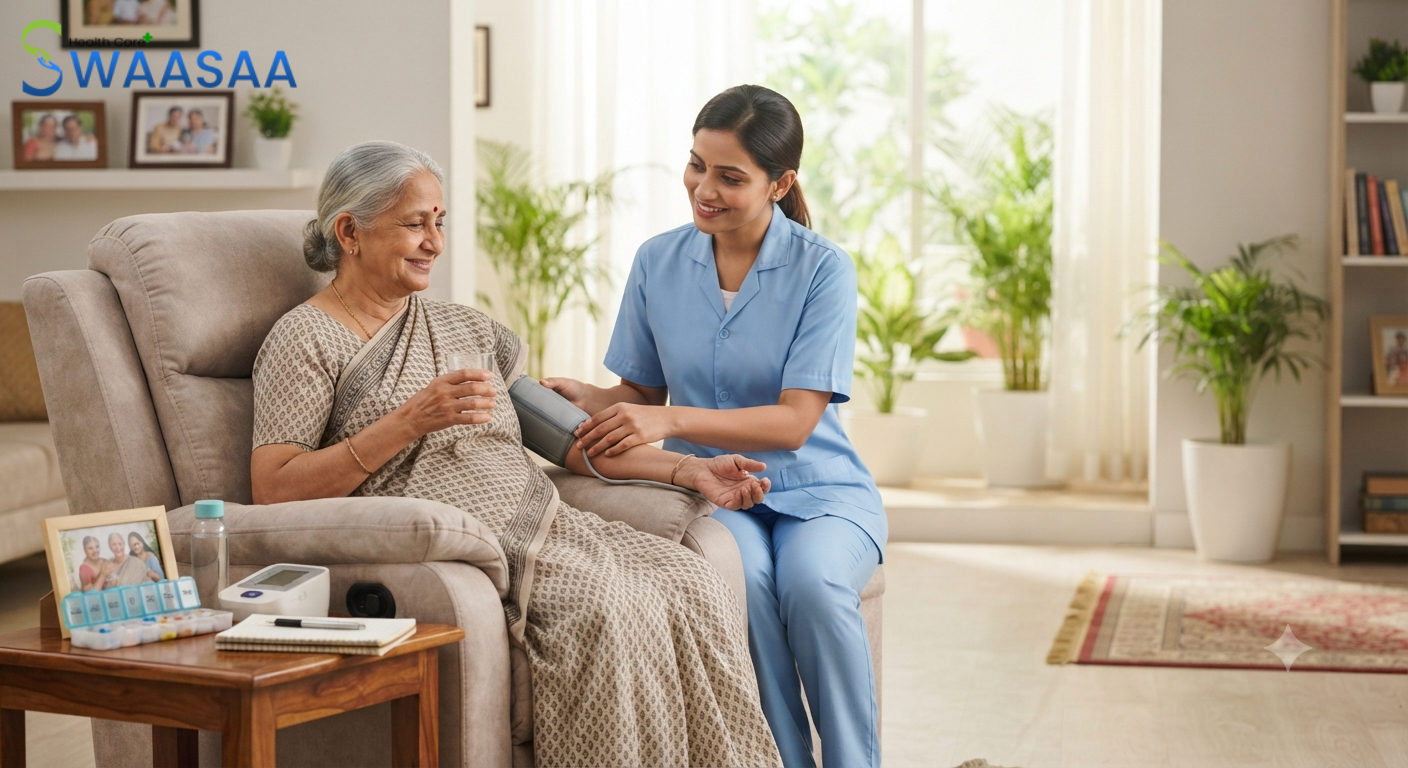 A compassionate caregiver assisting an elderly patient with blood pressure monitoring in a comfortable, modern home setting.