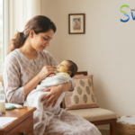 Indian mother checking her newborn baby for signs of mild jaundice at home in natural daylight.
