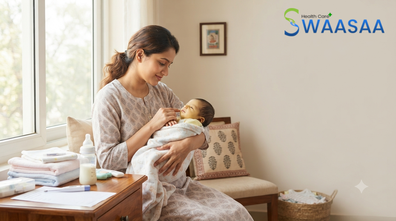 Indian mother checking her newborn baby for signs of mild jaundice at home in natural daylight.