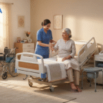 An Indian caregiver assisting an elderly patient in a modern, well-equipped bedroom with medical aids.