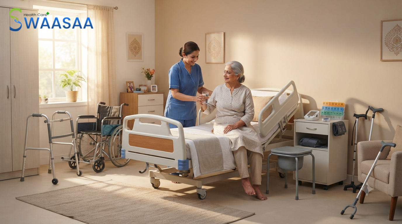 An Indian caregiver assisting an elderly patient in a modern, well-equipped bedroom with medical aids.