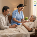 Compassionate palliative care at home provided by a professional caregiver for an elderly patient in India