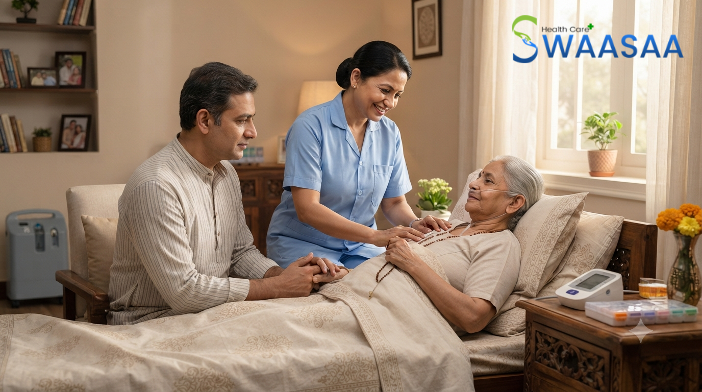 Compassionate palliative care at home provided by a professional caregiver for an elderly patient in India
