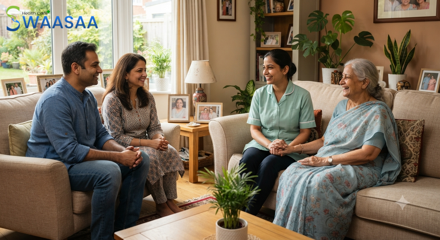 Professional caretaker building trust with an elderly parent in an Indian home