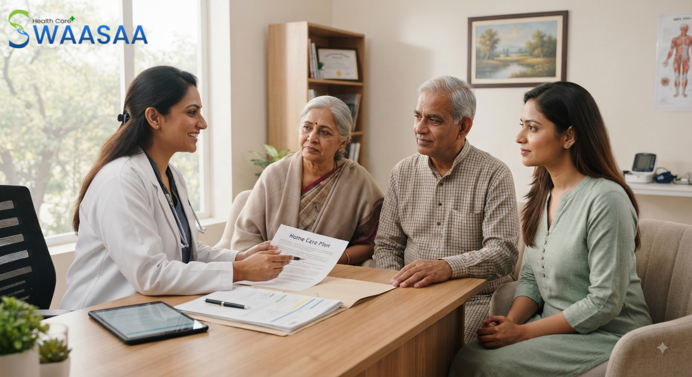 Family discussing home care options for an elderly parent with a doctor