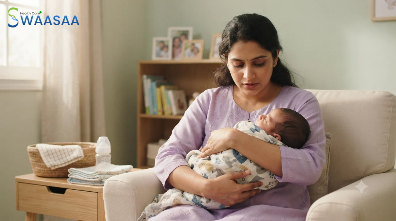 Mother caring for newborn during breastfeeding struggles