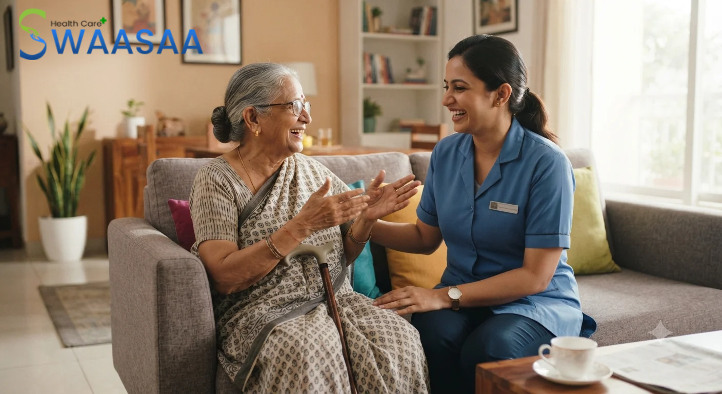 an elderly person comfortably interacting with a professional caretaker
