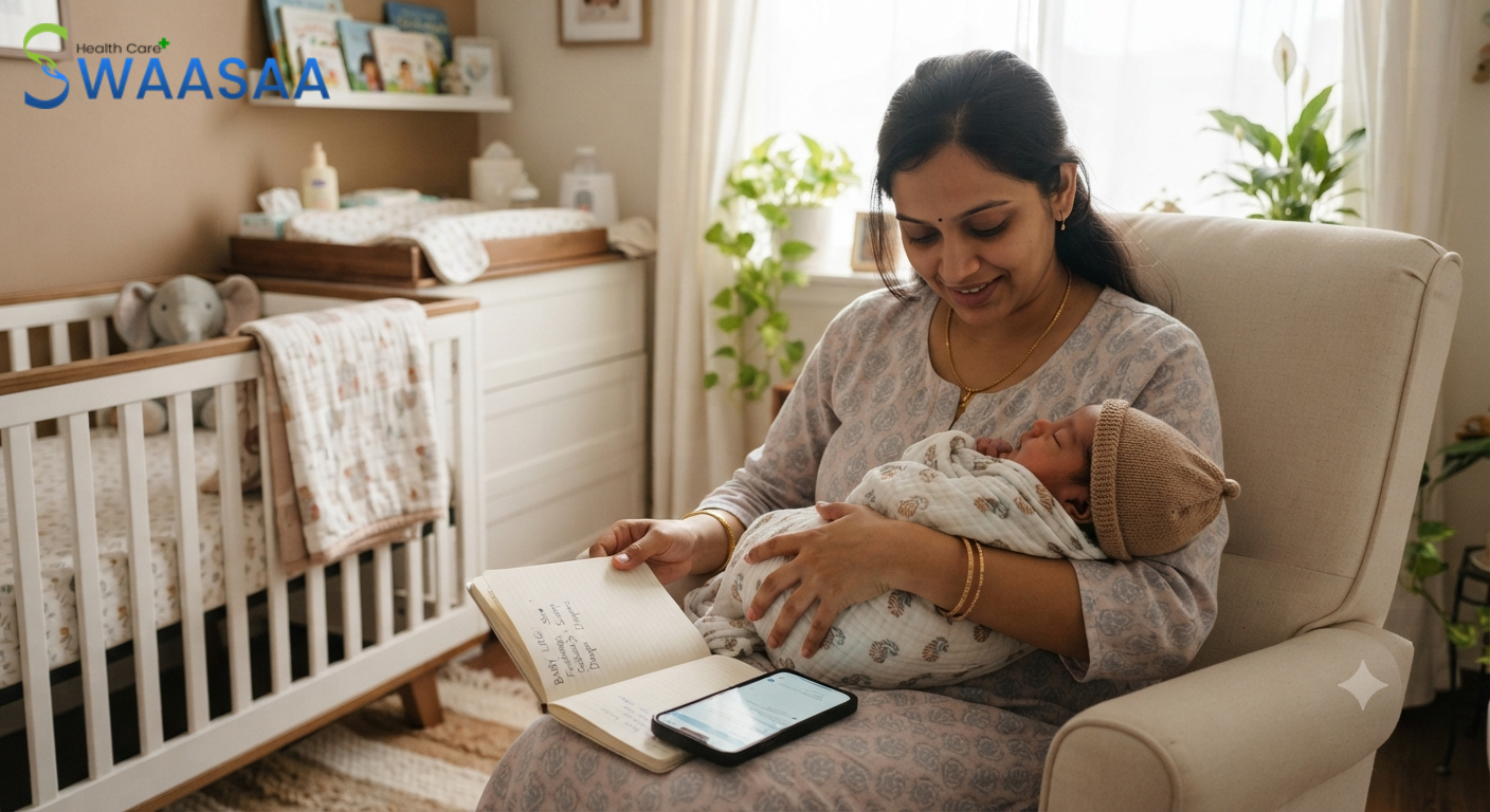 New mother learning safe baby care advice for her newborn