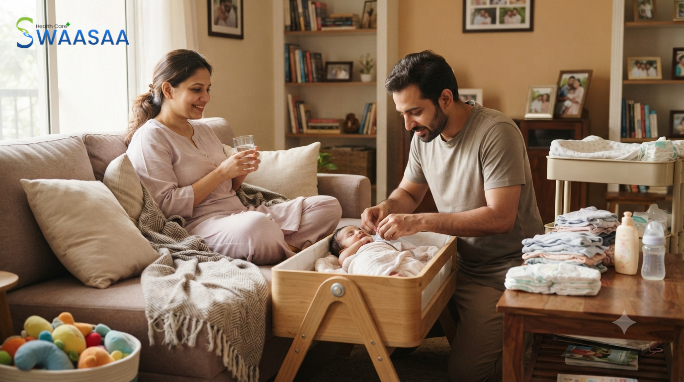 New father supporting mother and newborn baby at home